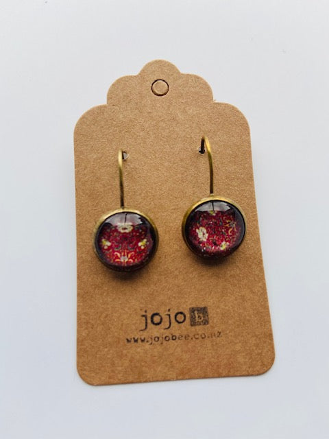 Bronze Floral Glass Dome Leverback Earrings -Dark Red