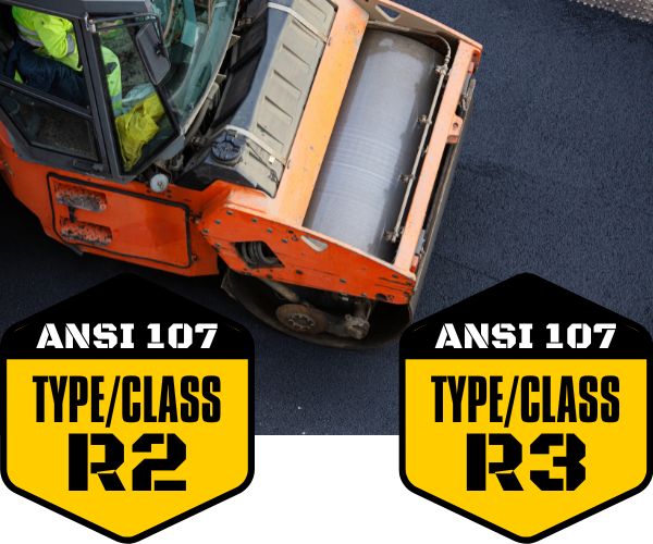 roadside workplace suitable for ANSI 107 Type R Class 2 and 3 high-visibility apparel
