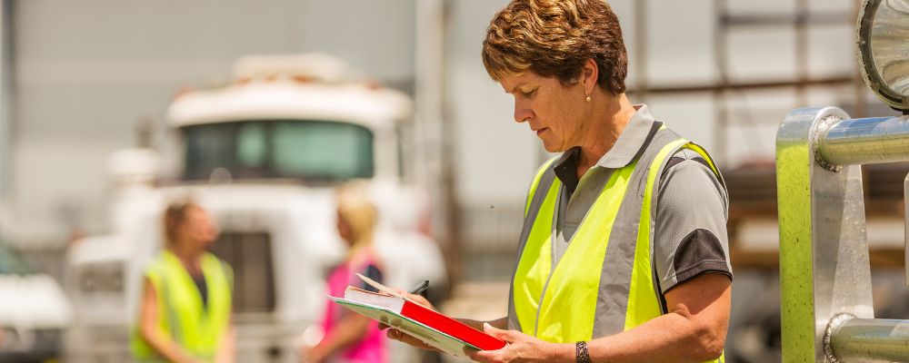 a women work wearing safety vest with pockets