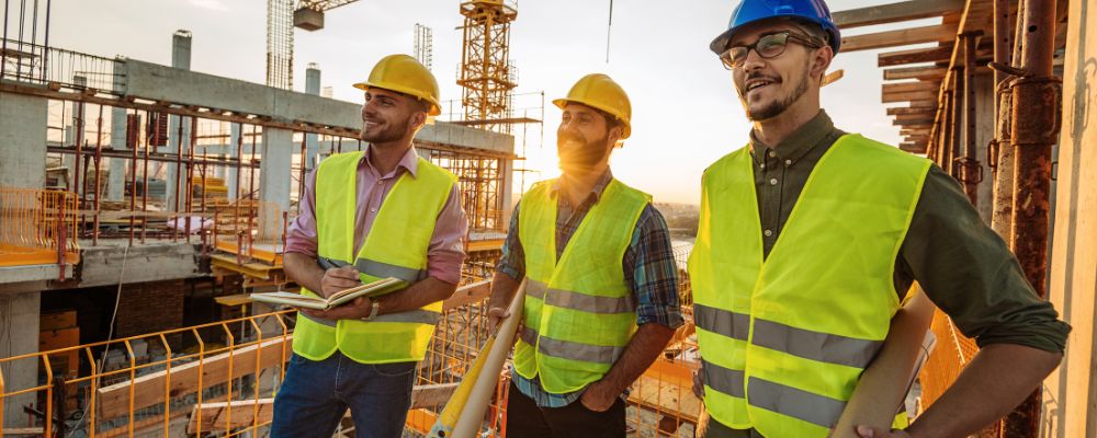 3 workers in construction work wearing hi-vis safety vest