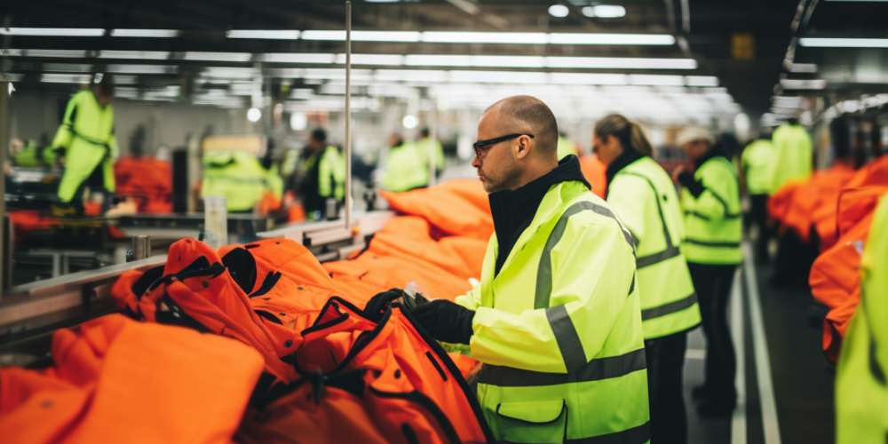 people conducting quality control for safety jackets production