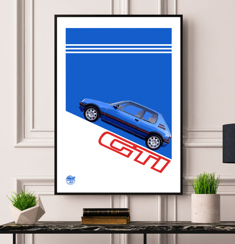Peugeot 205 GTI Druck – maritimes blaues Poster, Wandbild, Dekoration, Geschenk, Geschenke