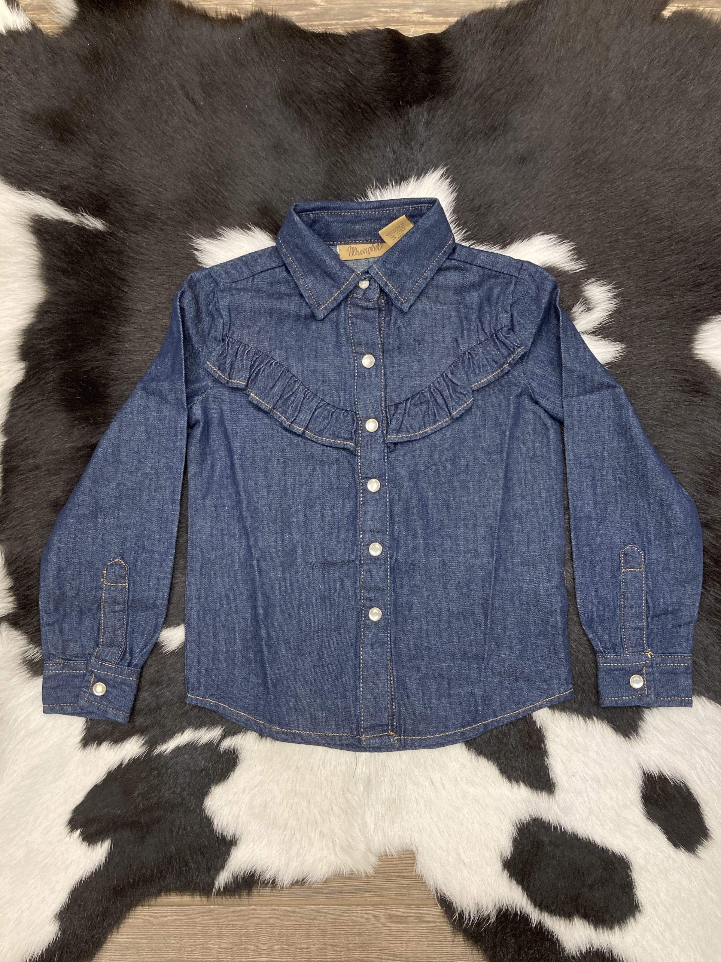Girl's Wrangler Dark Wash Denim Pearl Snap Shirt with Ruffle Detail –  Twisted T Western & More