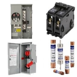 A meter panel, breaker, disconnect, and fuses