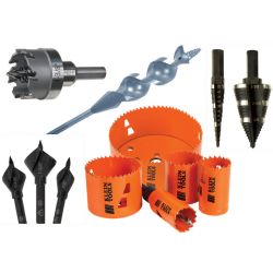 Some hole saws, a carbid hole cutter, step drill bit, and a flexible drill bit