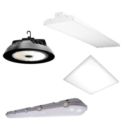 A panel light, linear light, and two different hight bay lights