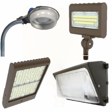 An area light, two floodlights, and a wallpack