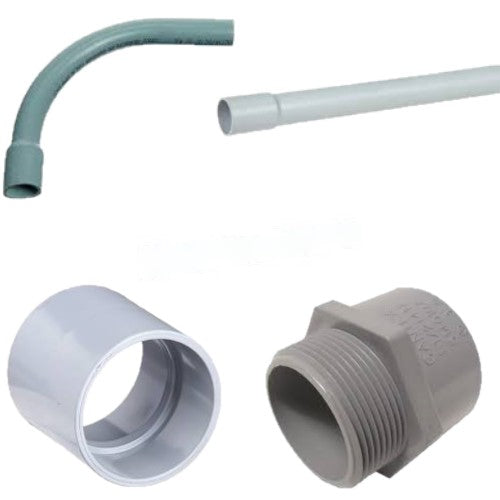 A PVC terminal adapter, conduit, elbow, and coupling