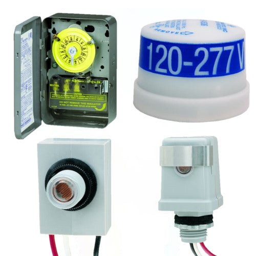 A locking photocell, an electromechanical timer, a fixed mount photocell, and a stem mount photocell