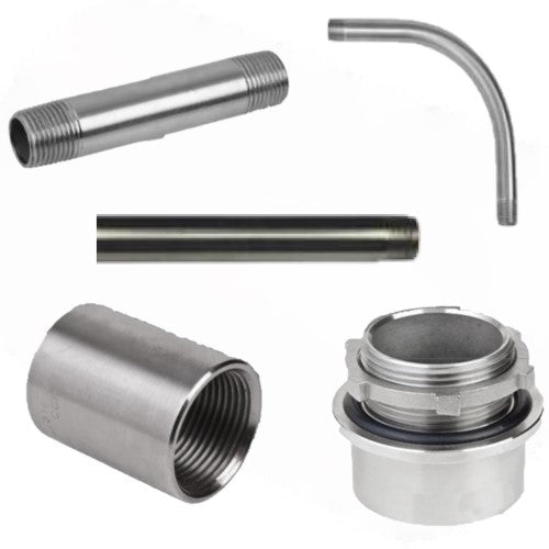 A stainelss steel conduit hub, coupling, nipple, elbow, and counduit