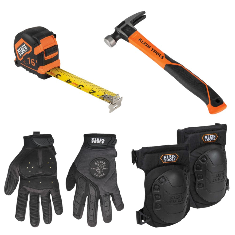 A pair of gloves, kneepads, a hammer, and a tape measure