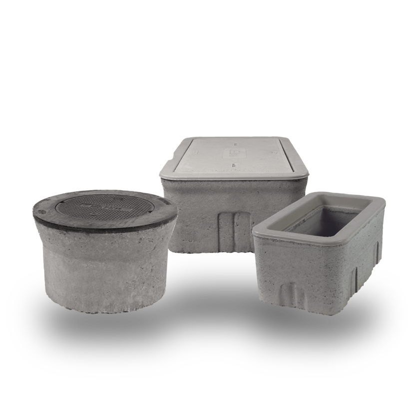 Two concrete underground pull boxes and a plastic box