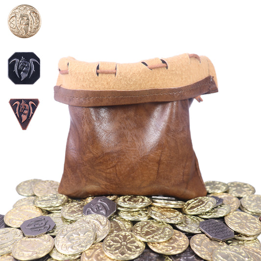  50 PCS Gold Coins & PU Leather Bag, DND Metal Coins, Fantasy  Coins Treasure for Board Games, Fake Coins As Game Tokens for Dungeons &  Dragons, Tabletop TTRPG Games Medieval Retro