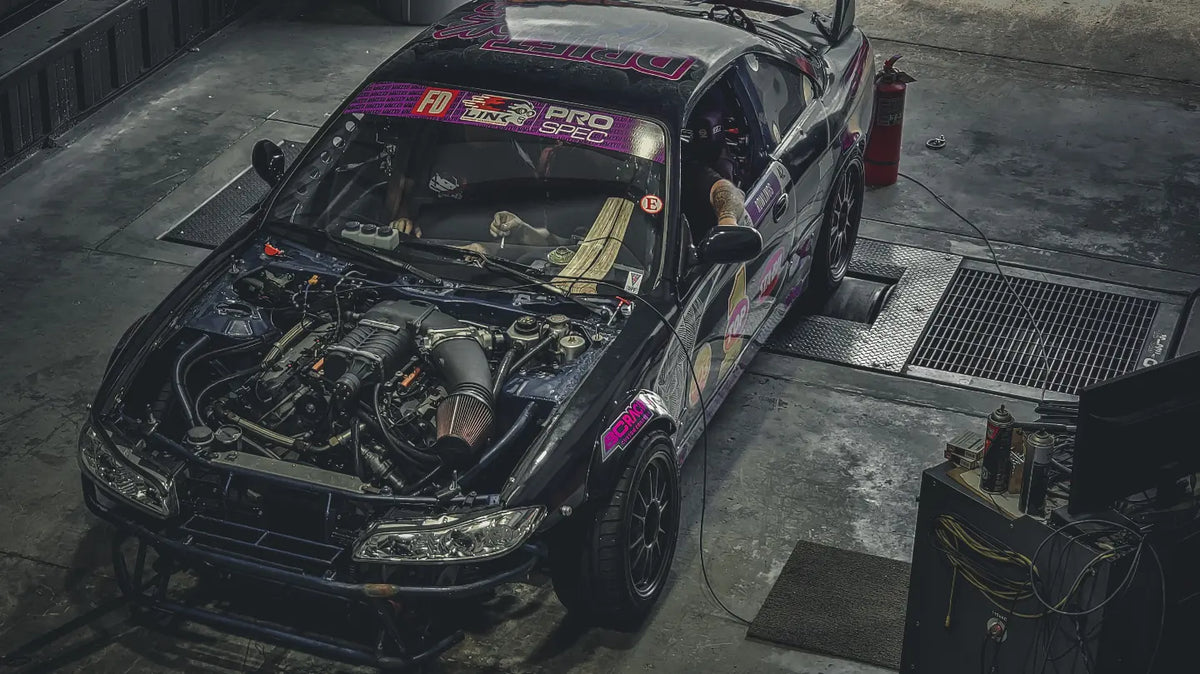 Kelsey Rowlings supercharged Coyote powered Nissan 240sx on Five Bar Motorsports dyno