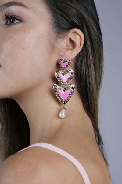Triple Pink Heart Earring