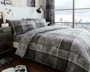 Denim Check Duvet Cover Reversible Polycotton Bedding Quilt Set - 3 Colours - Kporium Home & Garden