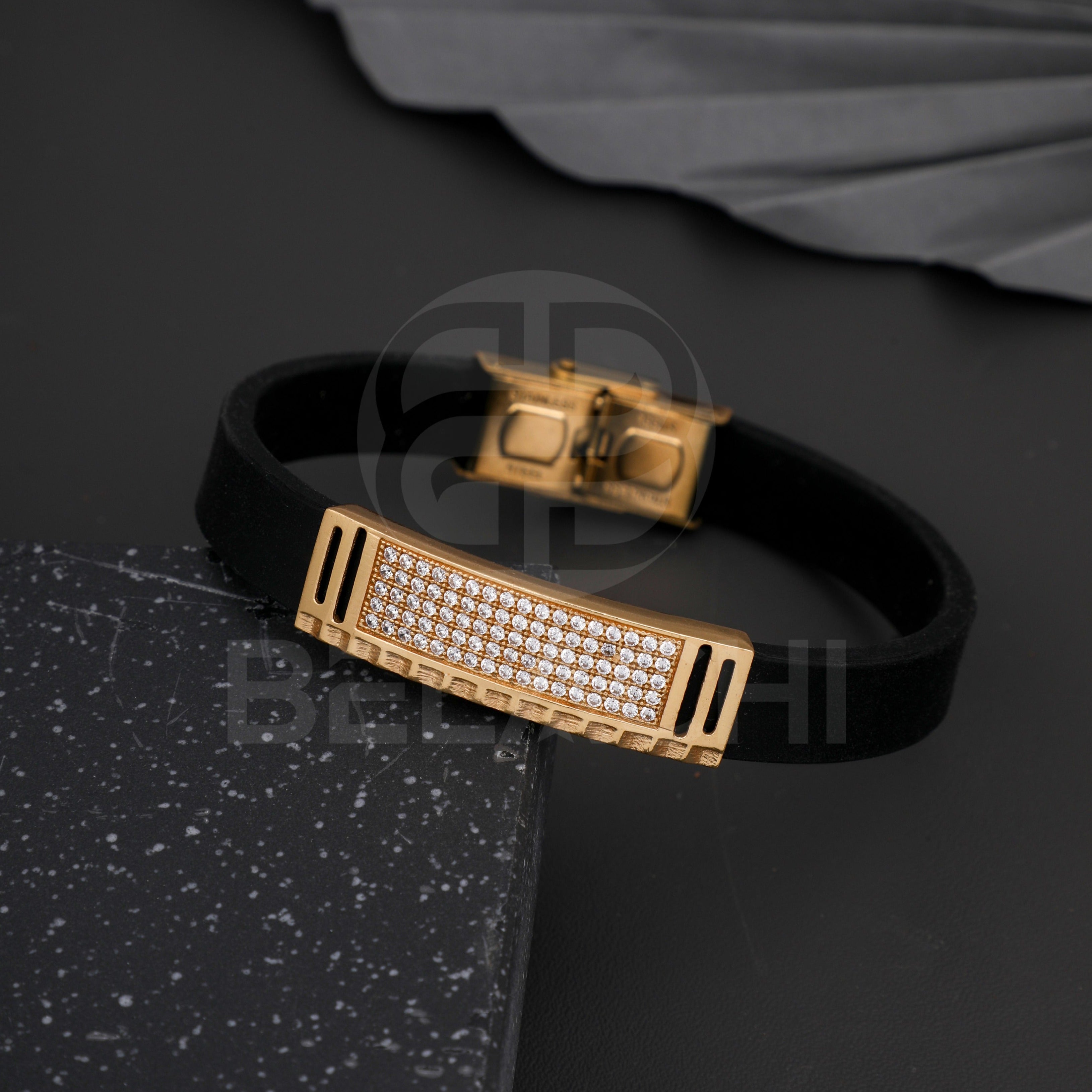 Charles Krypell 18K Rose Gold Ivy Black Leather Belt Bracelet