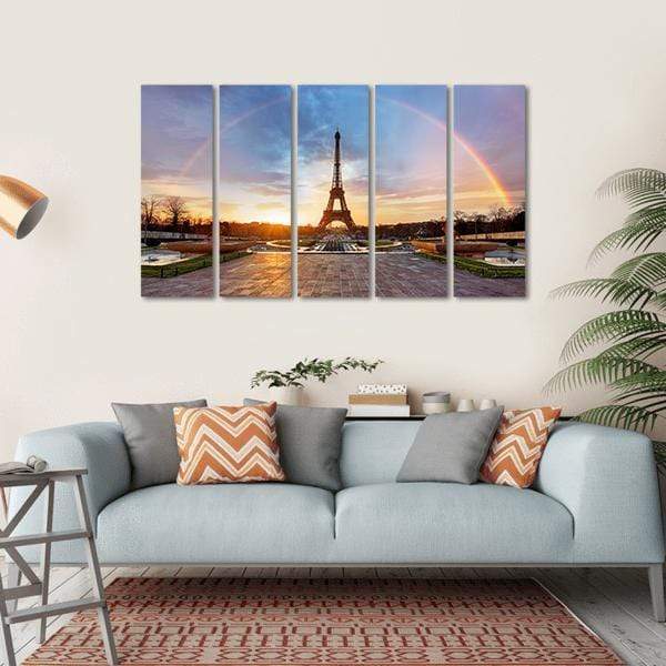 Rainbow Over Eiffel Tower Canvas Wall Art 4 Horizontal / Gallery Wrap / 34" x 24" American Canvas Art
