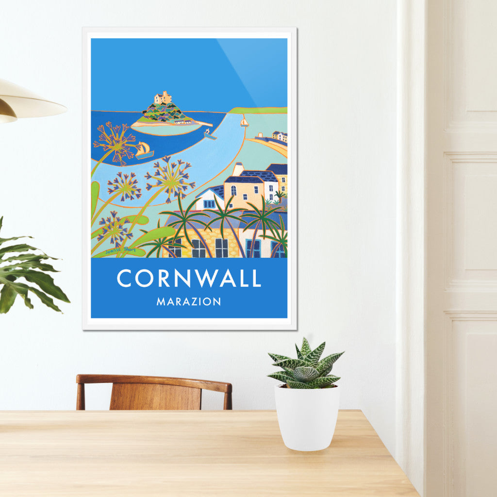 Marazion and St Michael's Mount. Art Prints of Cornwall by Cornish Artist Joanne Short. Cornwall Art Gallery, Vintage Style Posters.
