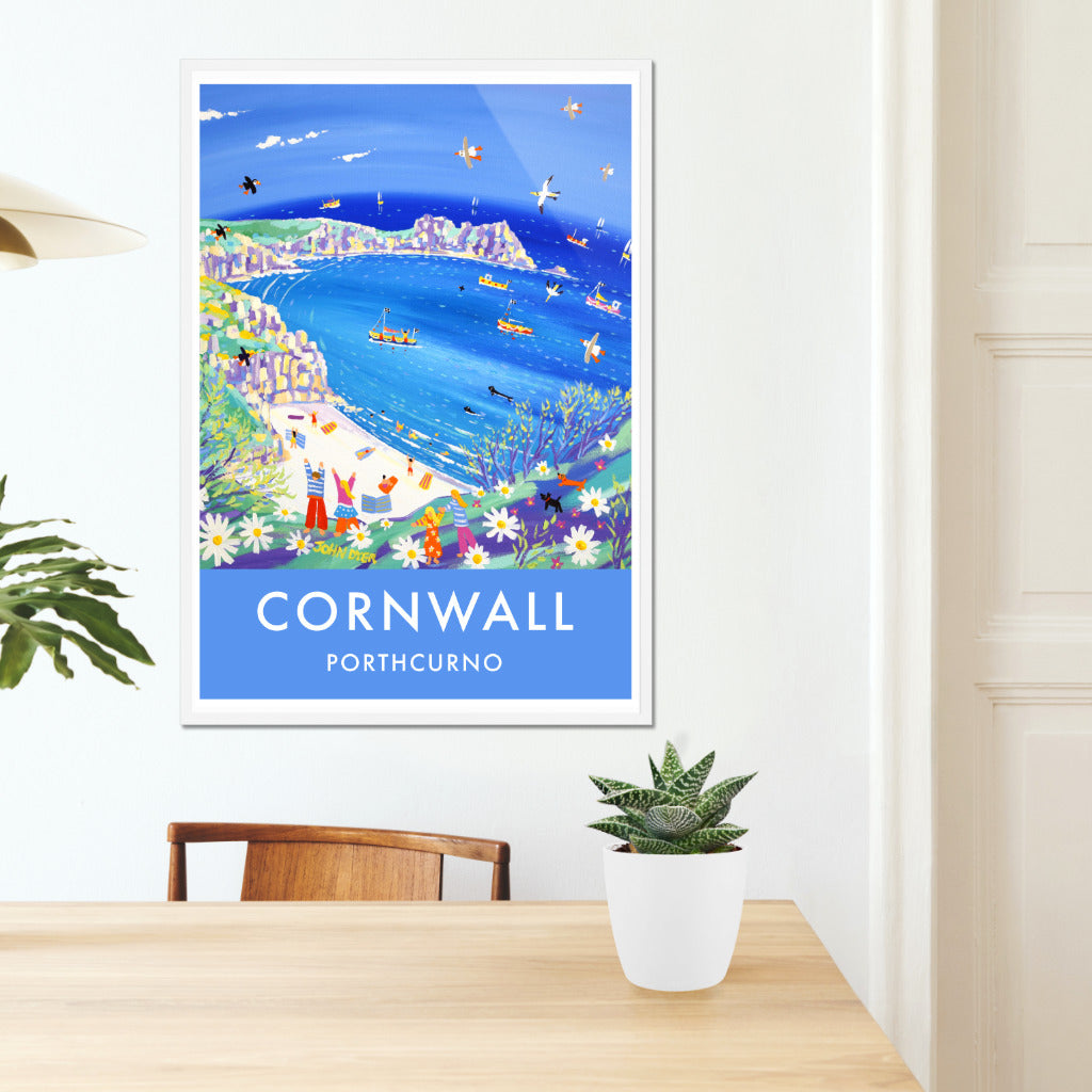 Vintage Style Seaside Travel Poster by John Dyer of Porthcurno Beach, Cornwall