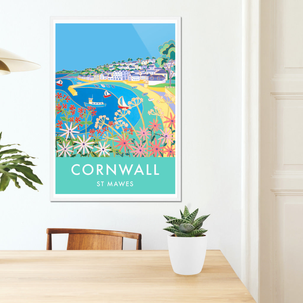 St Mawes Harbour Art Prints of Cornwall by Cornish Artist Joanne Short. Vintage Style Poster Print Art for Homes. Cornwall Art Gallery