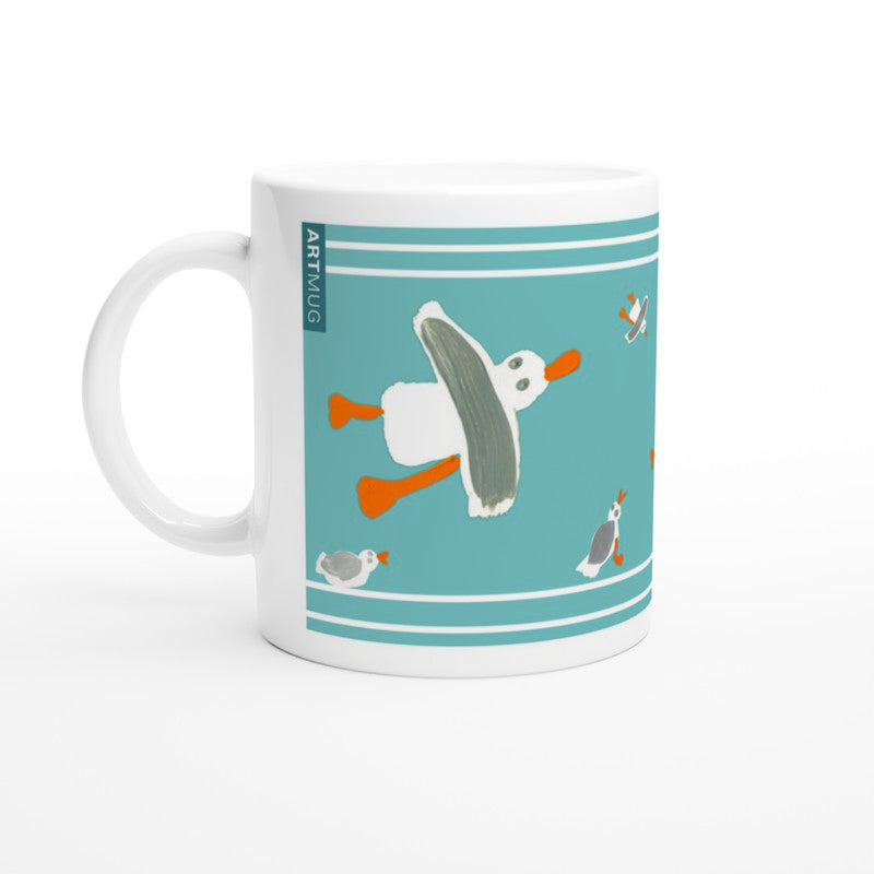 John Dyer Ceramic Cornish Art Mug with Cornish Seagulls. Aqua Sea Turquoise Teal