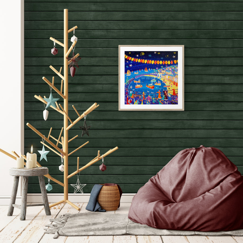 John Dyer Framed Open Edition Cornish Art Print. 'Christmas Lights, Mousehole'