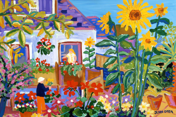 Collecting Flowers in a Cornish Garden - painting by John dyer