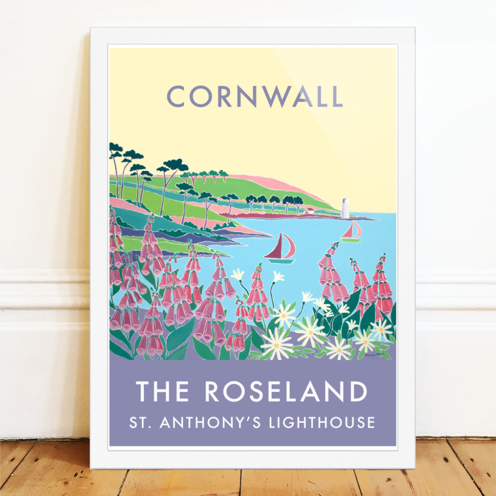 Vintage Style Seaside Travel Poster Art Print by Cornish Artist Joanne Short of St Anthony Lighthouse, Roseland in Cornwall