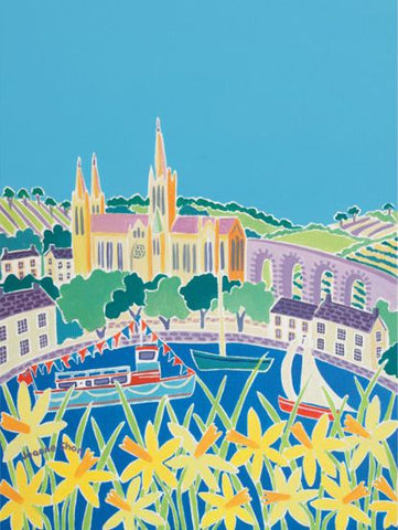 Joanne Short painting of Truro Cathedral in Cornwall with the river, ferry and daffodils
