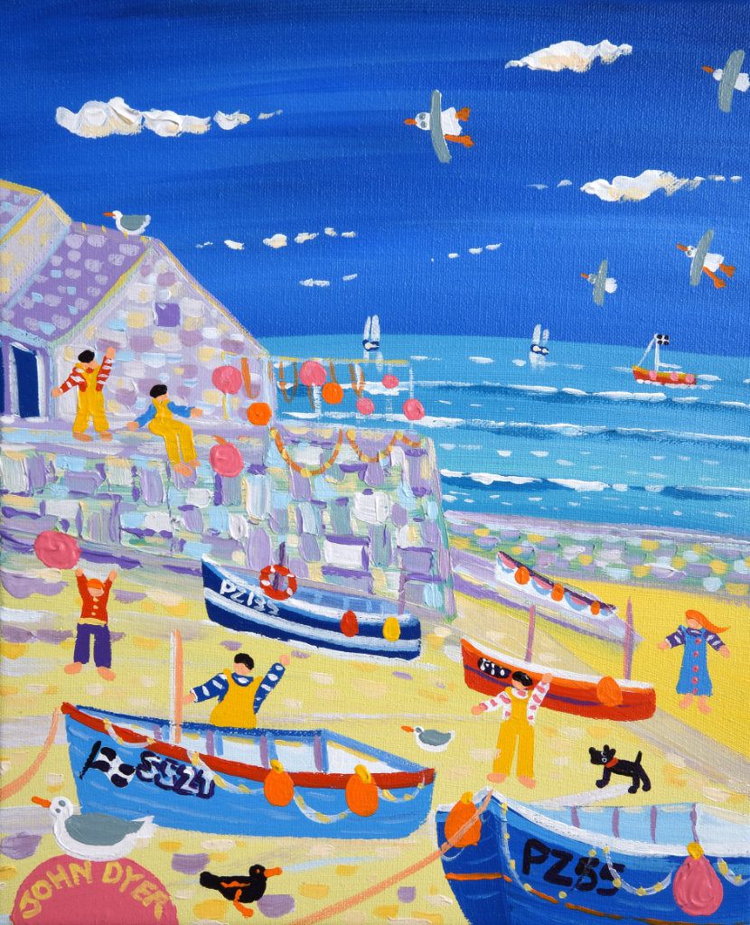 John Dyer Painting. Fishing boats and Fishermen, Sennen.  12 x 10 inches, acrylic on canvas