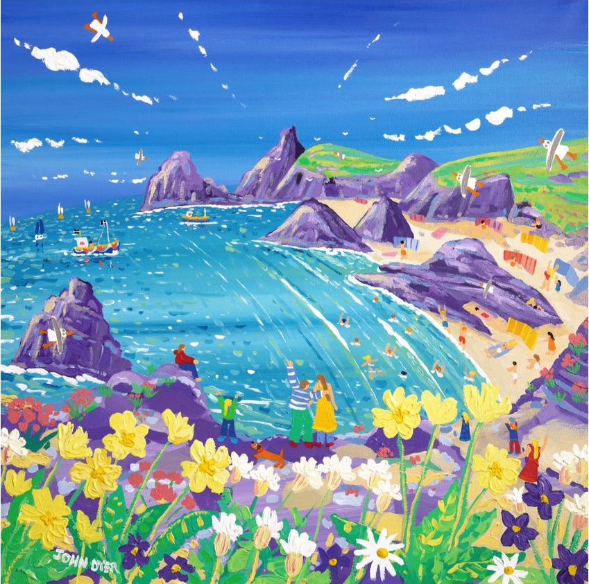 John Dyer Fine Art Print. Open Edition Cornish Art Print. 'Wild Flowers and Sunshine, Kynance Cove'. Cornwall Art Gallery