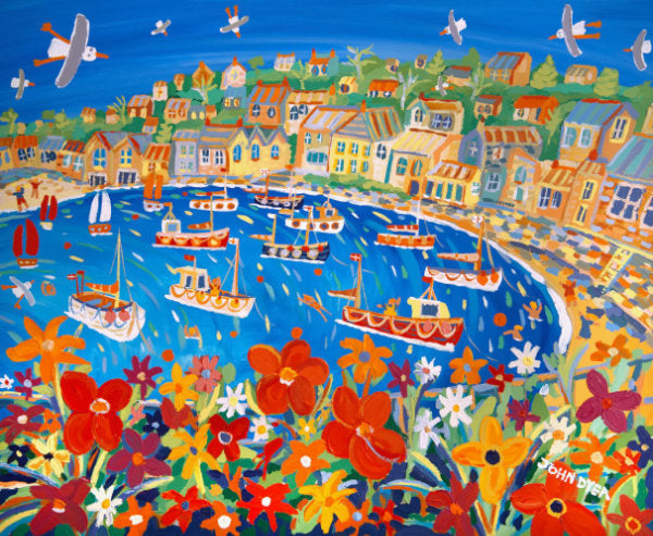 Original oil painting by artist John Dyer, Bright Summer Flowers, Mousehole