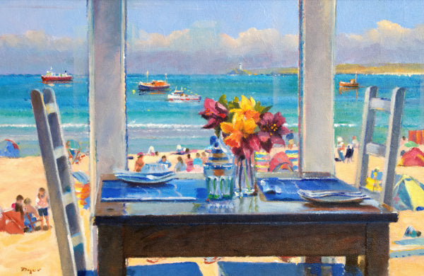 Oil painting by artist Ted Dyer of a table set for lunch in a beachside café at Porthminster Beach, St Ives