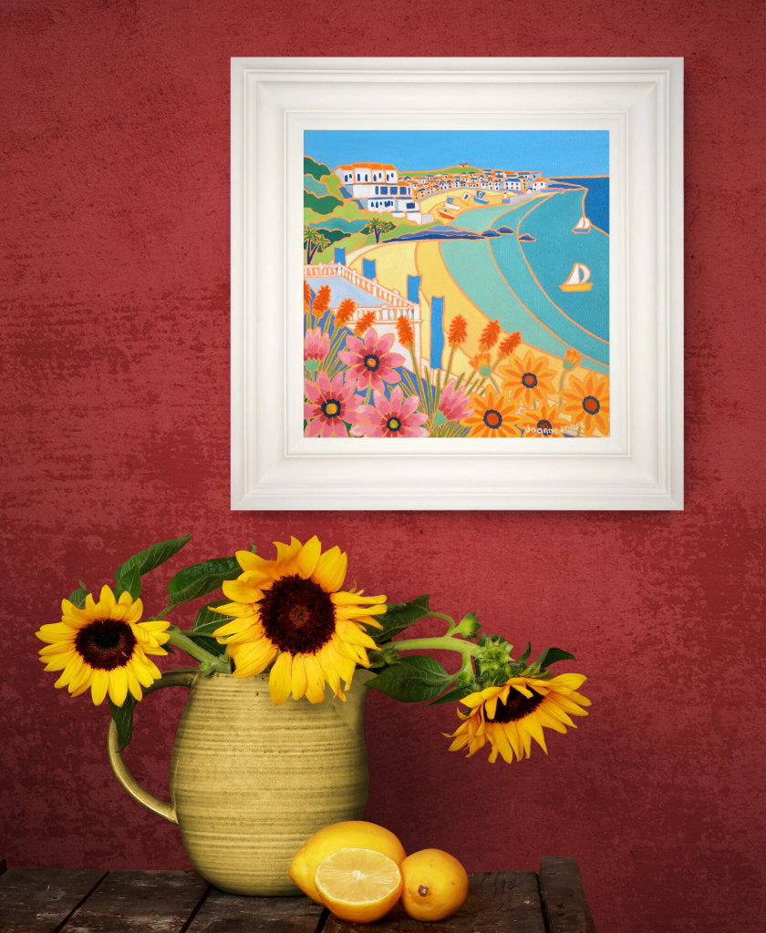 Painting by Joanne Short, 'Flowers and Flags Porthminster Beach St Ives', warm and cosy atmosphere