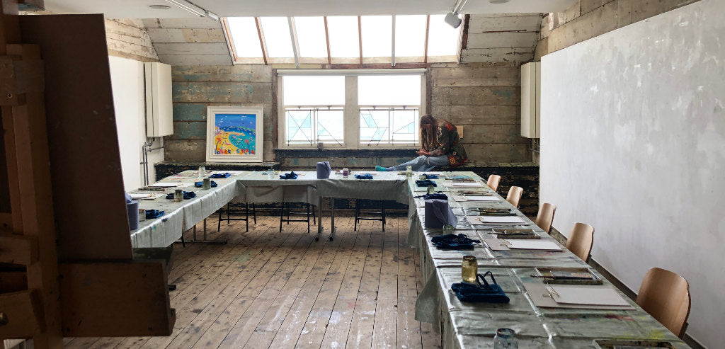 Artist Joanne Short in the St Ives School of Painting Porthmeor Studio that is set up for the John Dyer painting workshop.