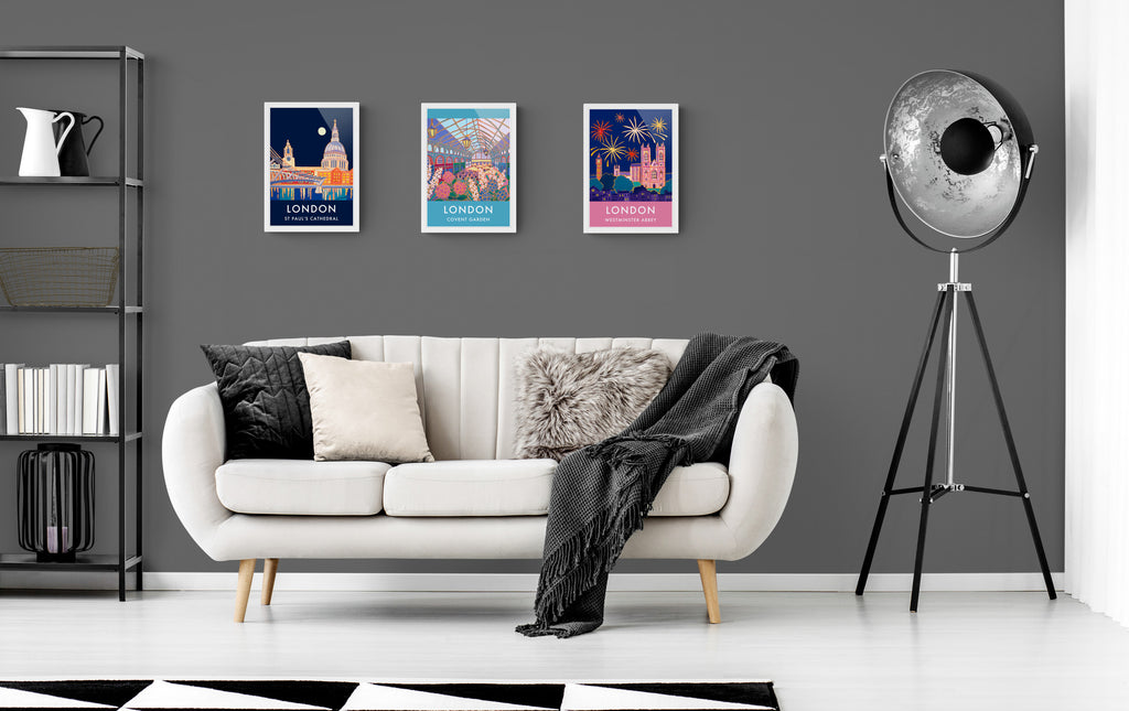 London art prints hung as a set in a London apartment room
