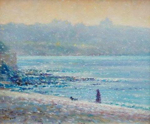 Ted Dyer painting in the permanent collection of Falmouth Art Gallery. Walking in a Snow Flurry, Gyllyngvase Beach, Falmouth