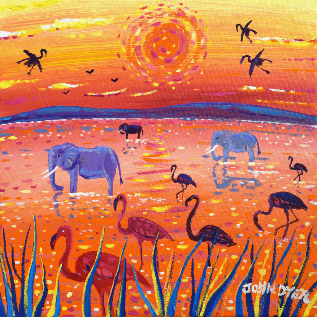 African Flamingo Sunset painting by John Dyer