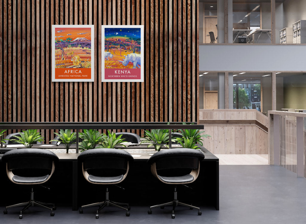 Art poster prints displayed in a contemporary African styled office
