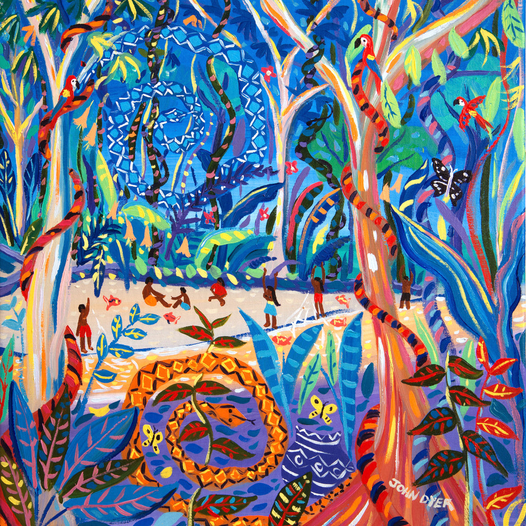 Above: John Dyer environmental painting created deep in the Amazon rainforest that depicts the Sky Snake Ashuinka and Ground Snake Runua - the spiritual snake of the Yawanawá tribe.