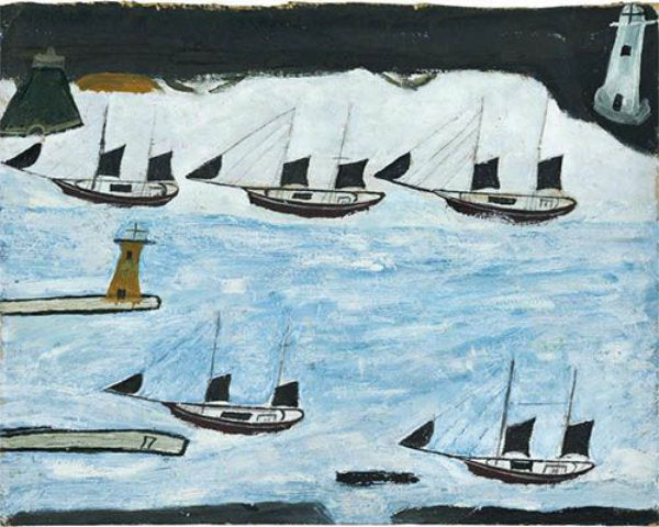 Oil painting by Alfred Wallis, Five Ships Mounts Bay, c1928