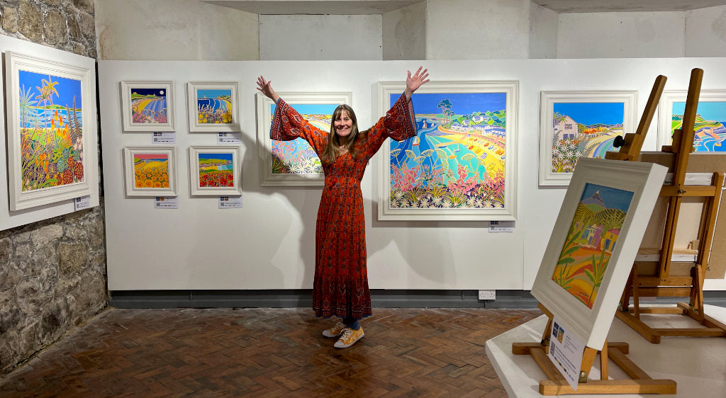 Above: British and Cornish artist Joanne Short, one of the UK's best known contemporary painters. The artist's original paintings can be purchased online at John Dyer Gallery. Pictured in St Ives during her St Ives Society of Artists Crypt Gallery exhibition.