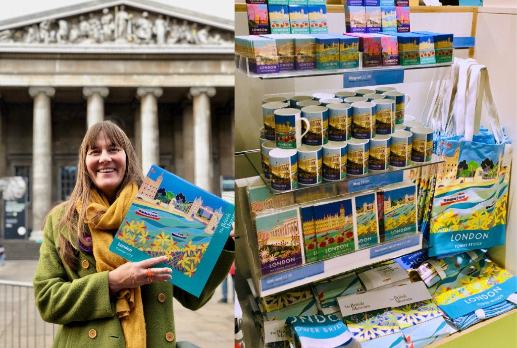 Photograph of Joanne Short with her calendar and her product range at the British museum