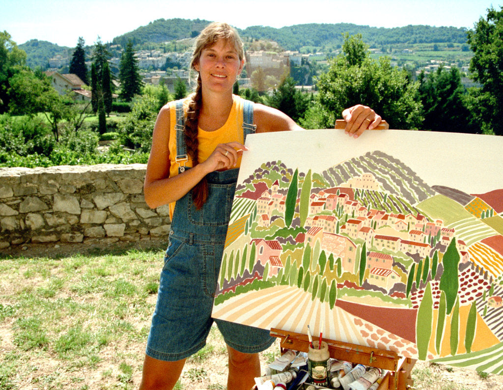 Artist Joanne Short painting the French landscape at Vaison-la-Romaine in Vaucluse, Provence, France