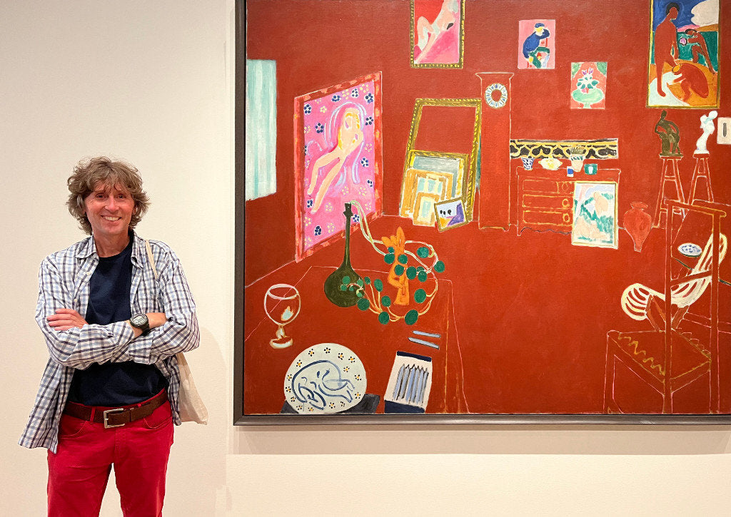 Artist John Dyer at the Museum of Modern Art in New York with a Matisse painting