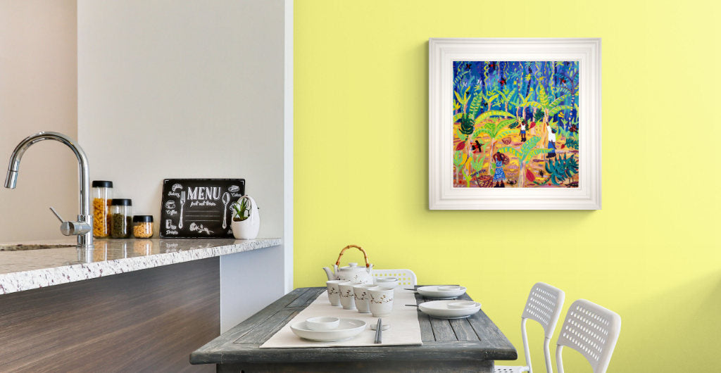 John Dyer painting of the banana harvest seen in a kitchen on a feature yellow wall