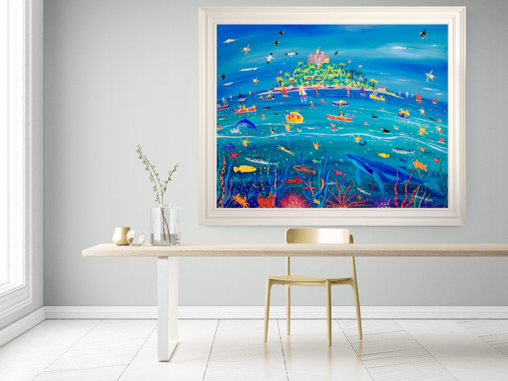 Beach house art painting by John Dyer in a coastal interior setting