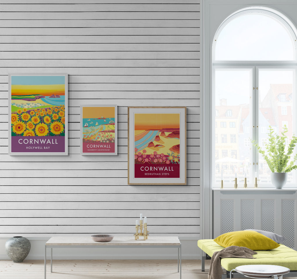 Sunset themed beach house art in a coastal themed interior by Cornish artist Joanne Short