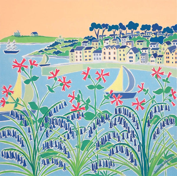 Limited Edition Print. Sailing Home, St Mawes by Joanne Short ith Cornish wildflowers, bluebells and campion